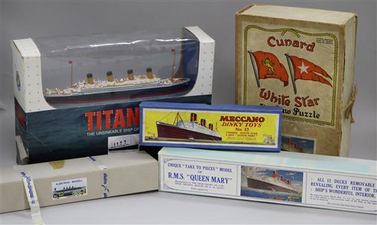 A boxed Chad Valley model of RMS Queen Mary, a boxed Meccano Dinky Toys no. 52 Queen Mary and other liner etc.